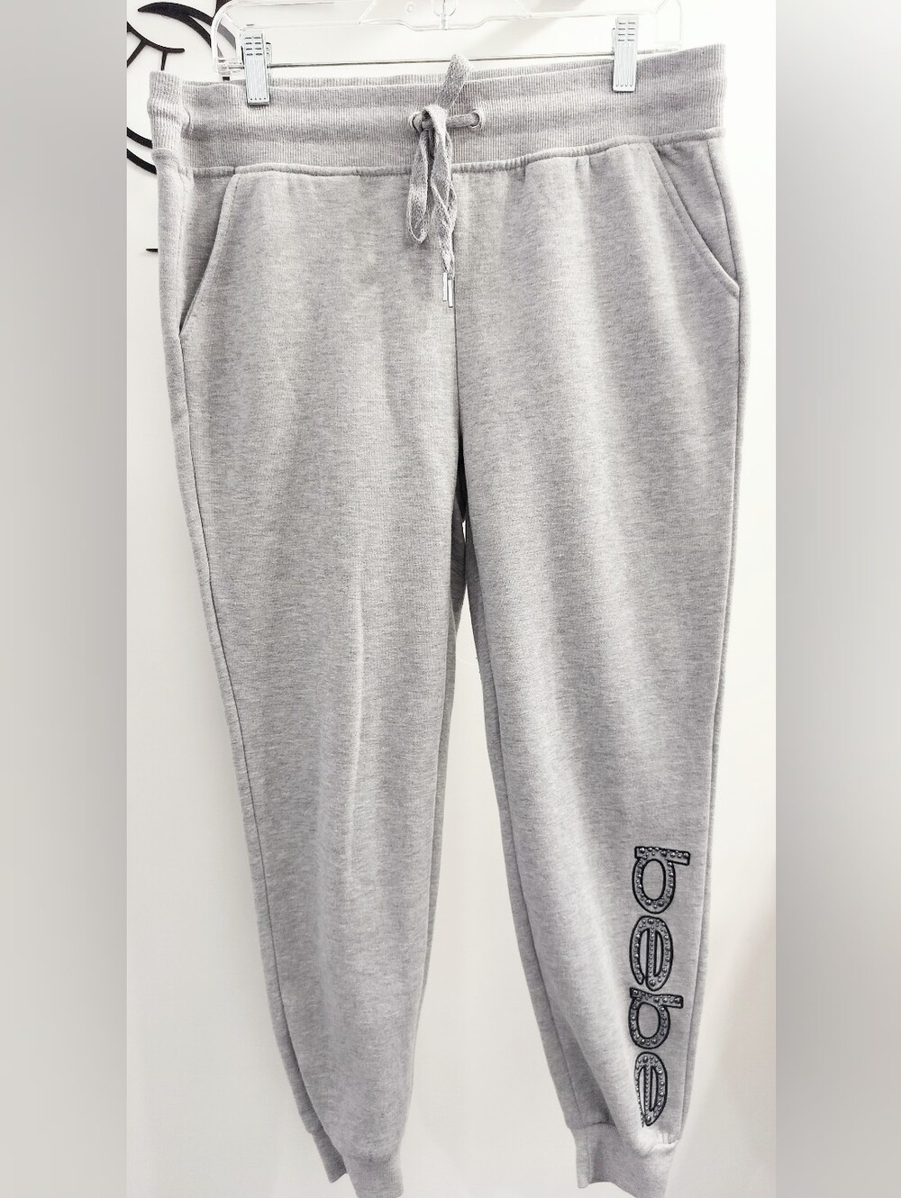 BEBE Women's L Sport Rhinestone Bling Outline Logo Joggers Heather Gray